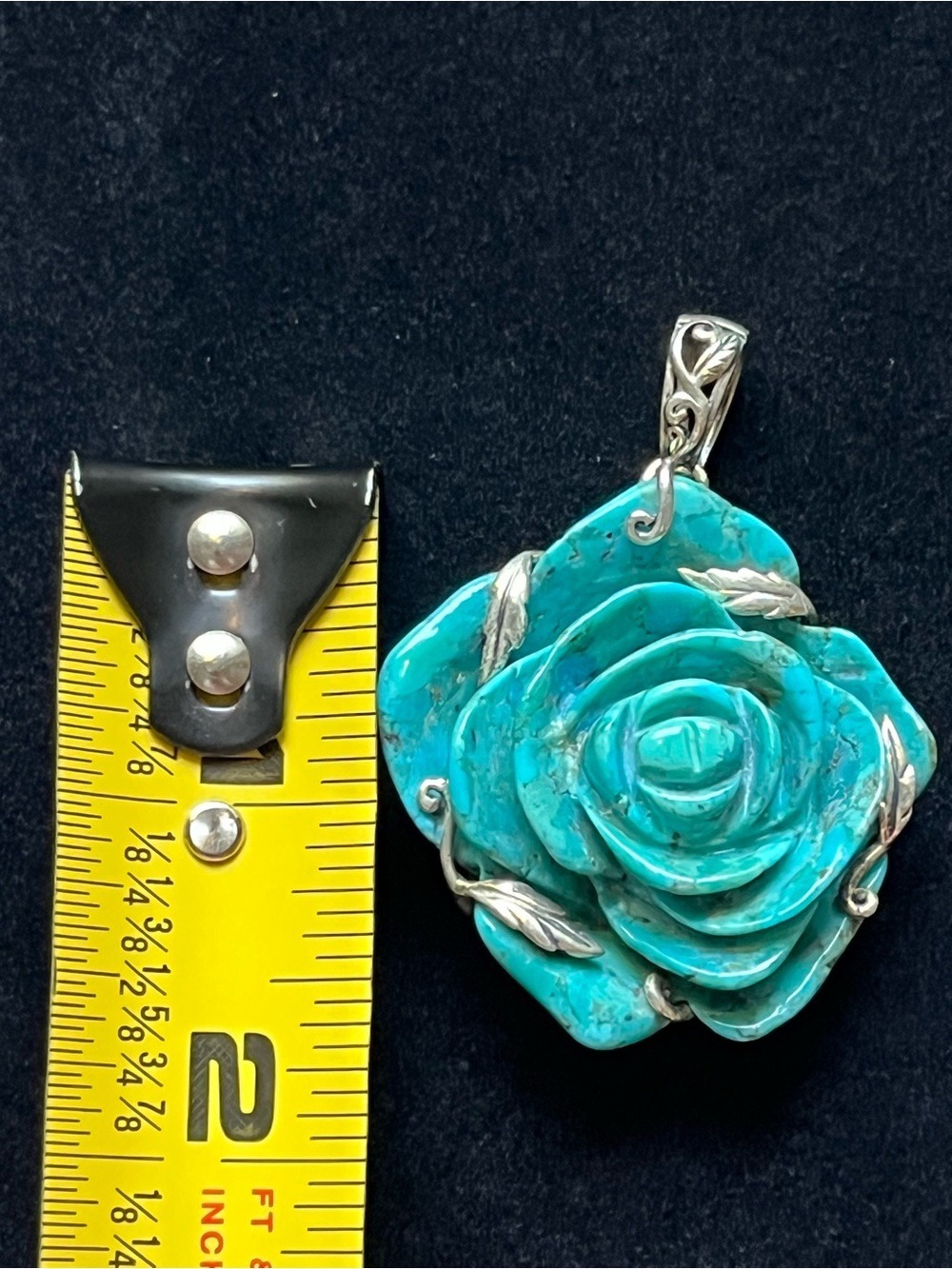 Sally C Treasures vintage carved turquoise rose pendant crafted in 925 sterling - Picture 6 of 6